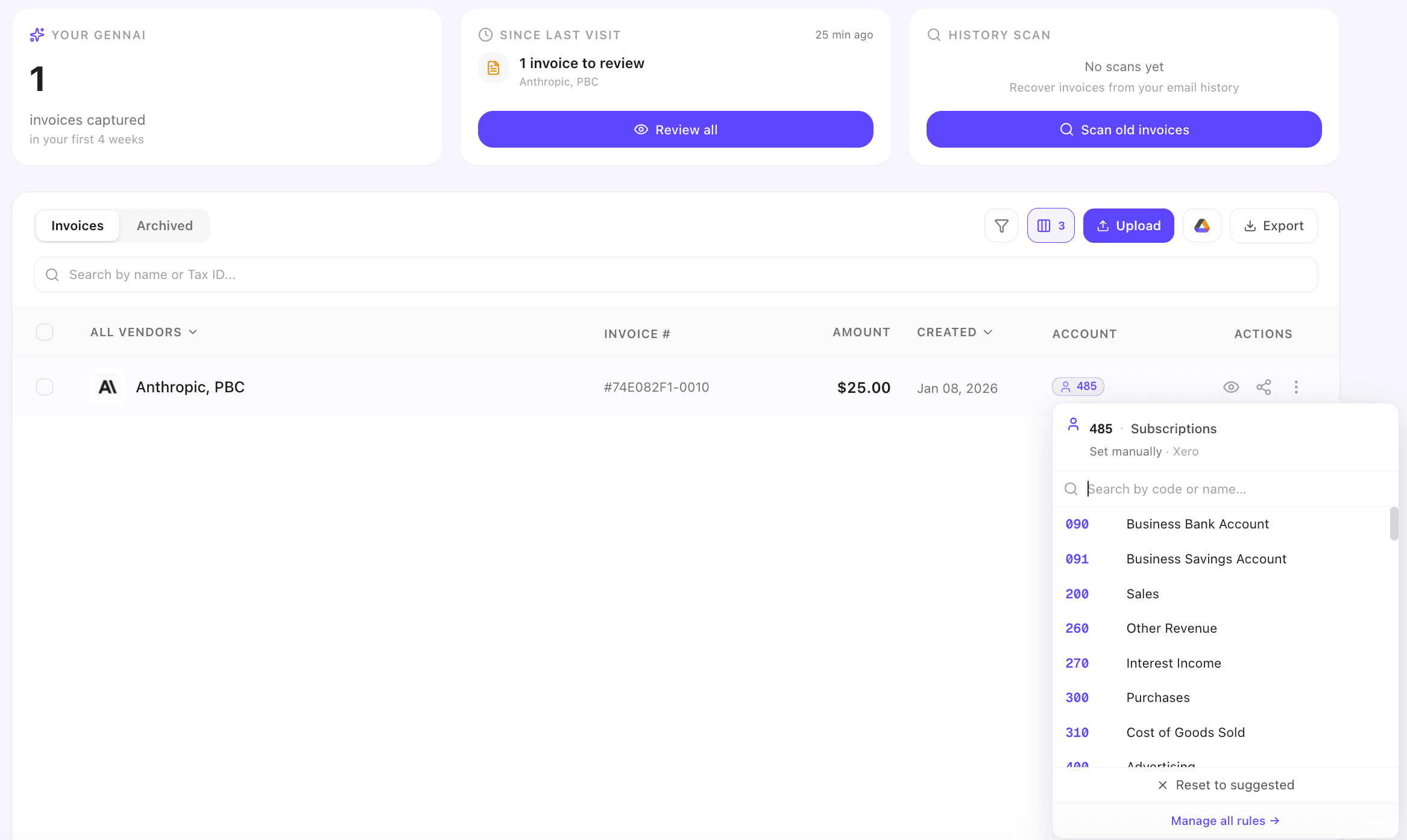 Gennai invoice table row showing the auto-categorization badge with a suggested Xero account code