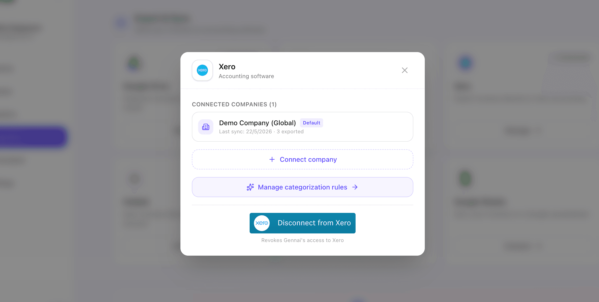 Gennai Integrations panel after connecting Xero showing the active status and the connected organisation name