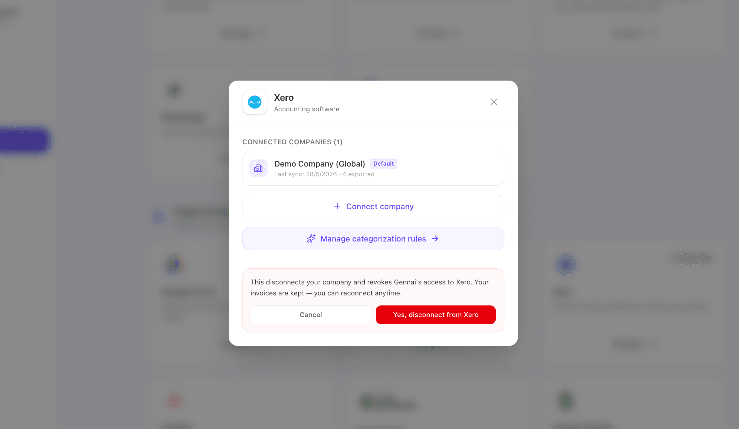 Gennai disconnect confirmation dialog for Xero showing what will and won't be removed