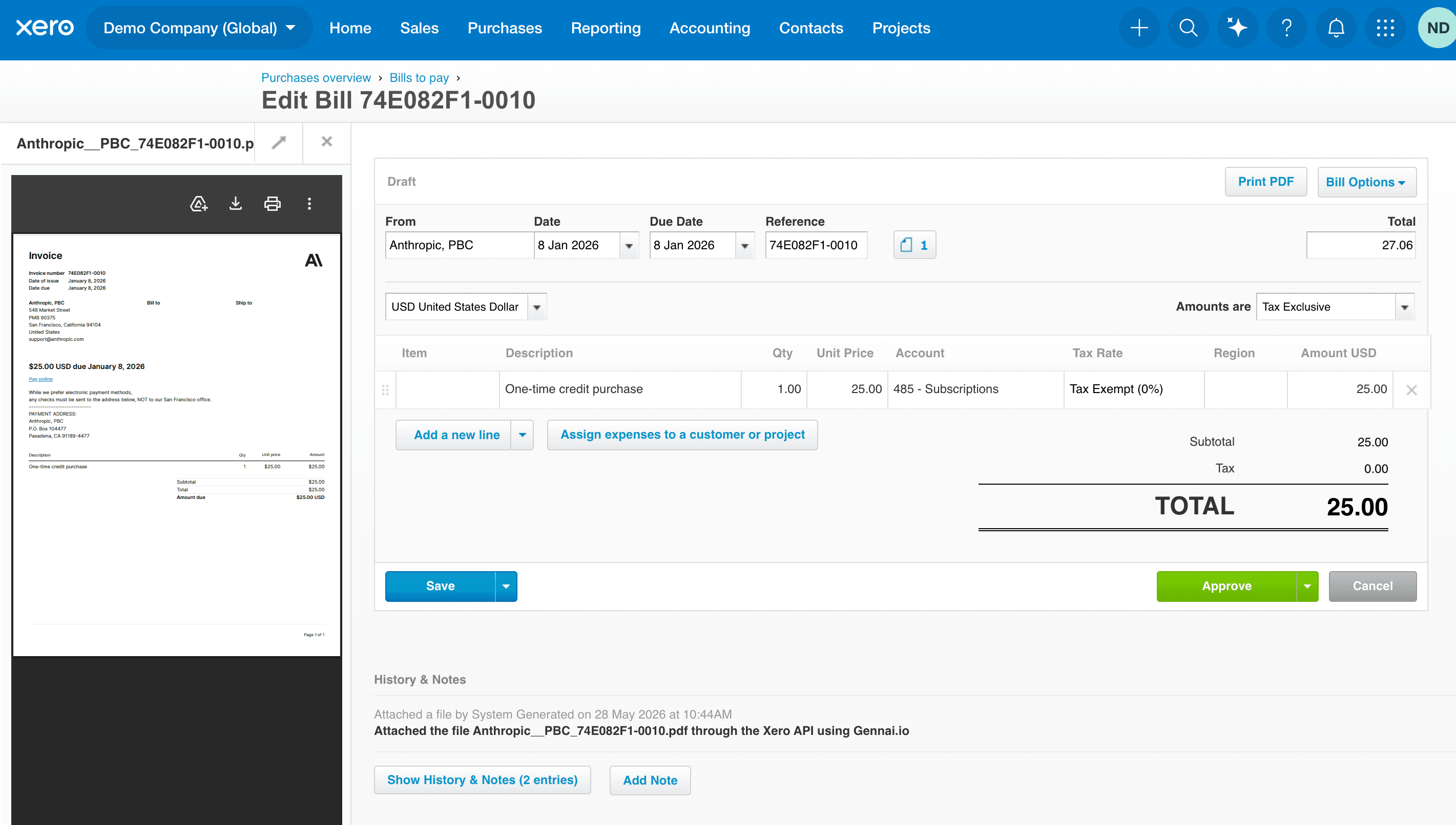 A draft Bill inside Xero with the original PDF visible in the attachments panel