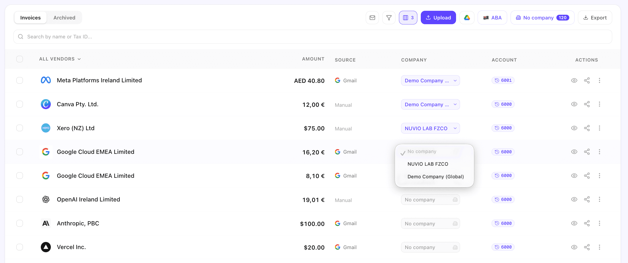 Gennai export modal showing how the selected invoices are split across multiple Xero organisations
