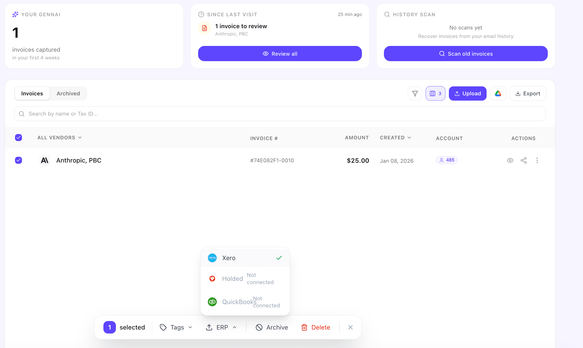Gennai invoice table showing the Company column with several invoices and the assign-company modal open