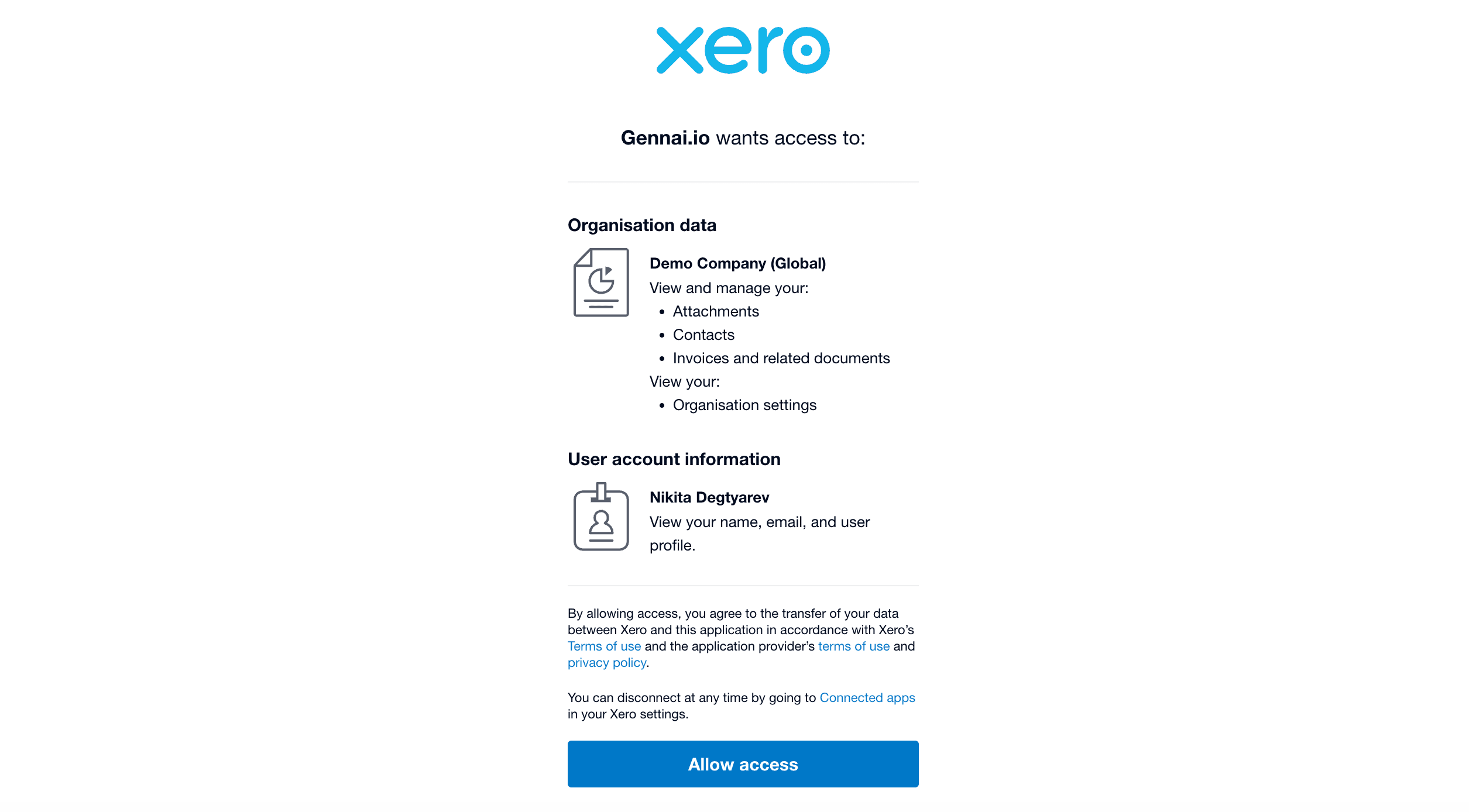 Xero OAuth consent screen showing the organisation picker and the list of permissions Gennai requests