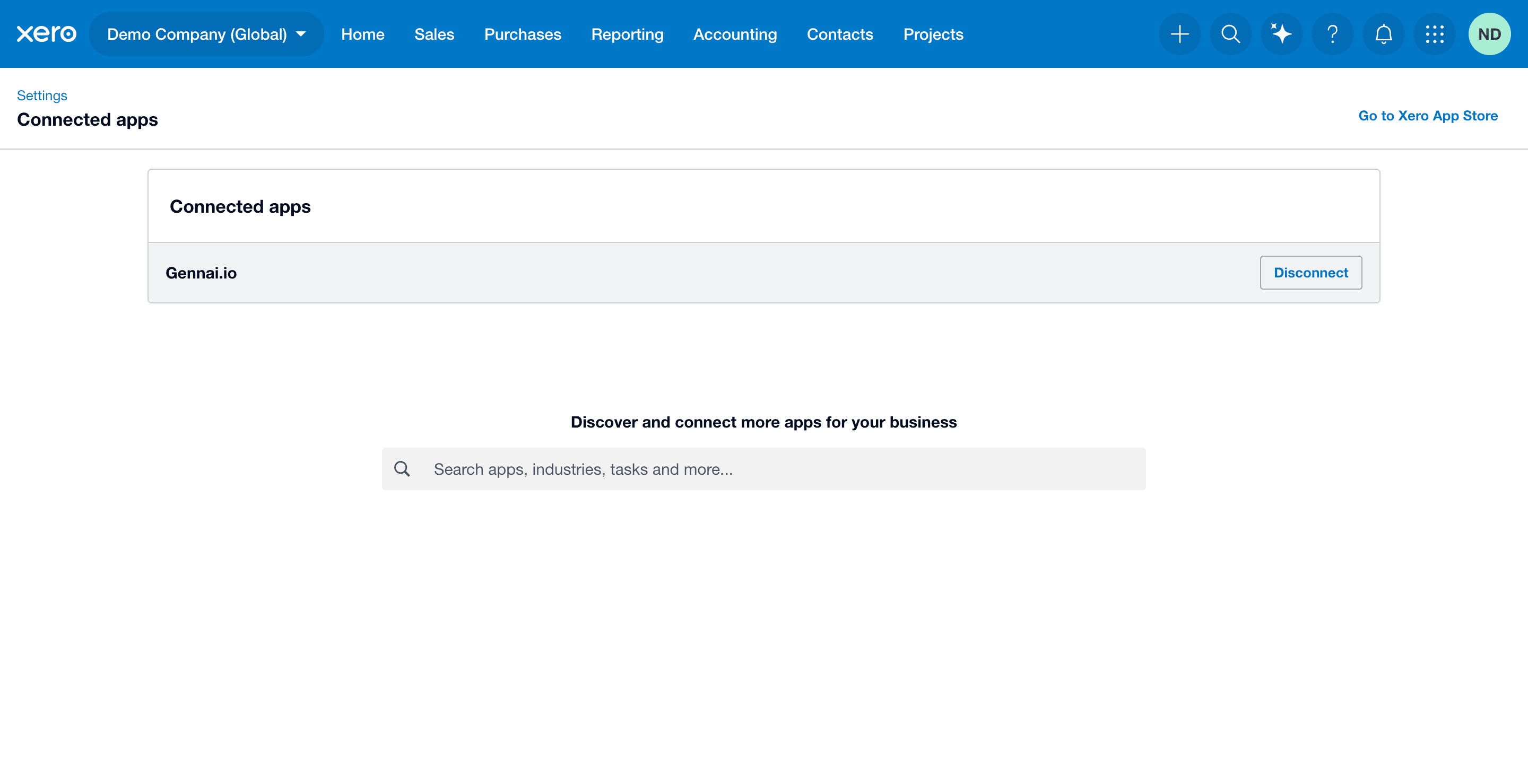Xero Connected apps page showing the Gennai row with a Disconnect option