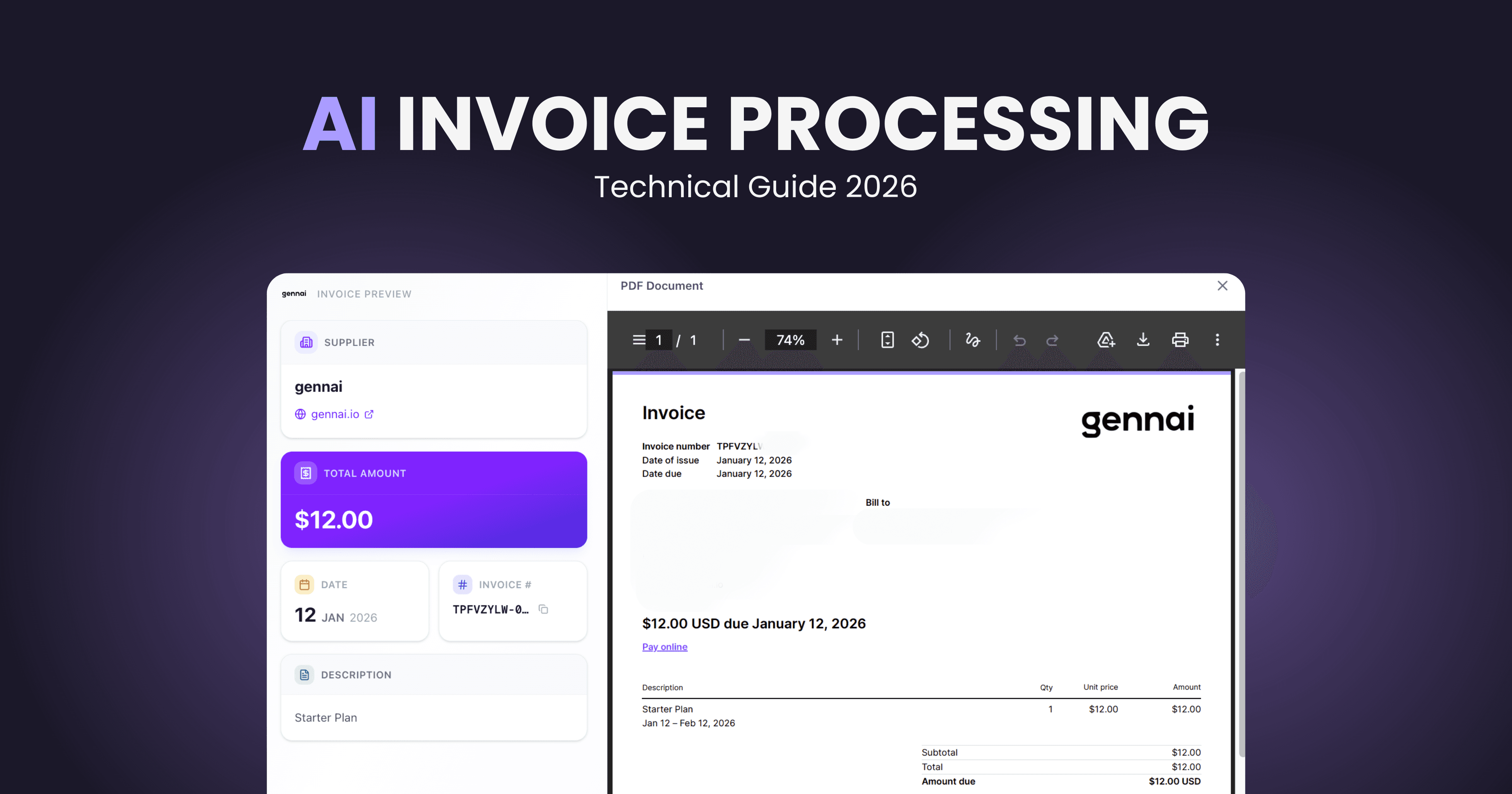 AI invoice processing technical guide showing automated document extraction workflow with machine learning and OCR technology for 2026