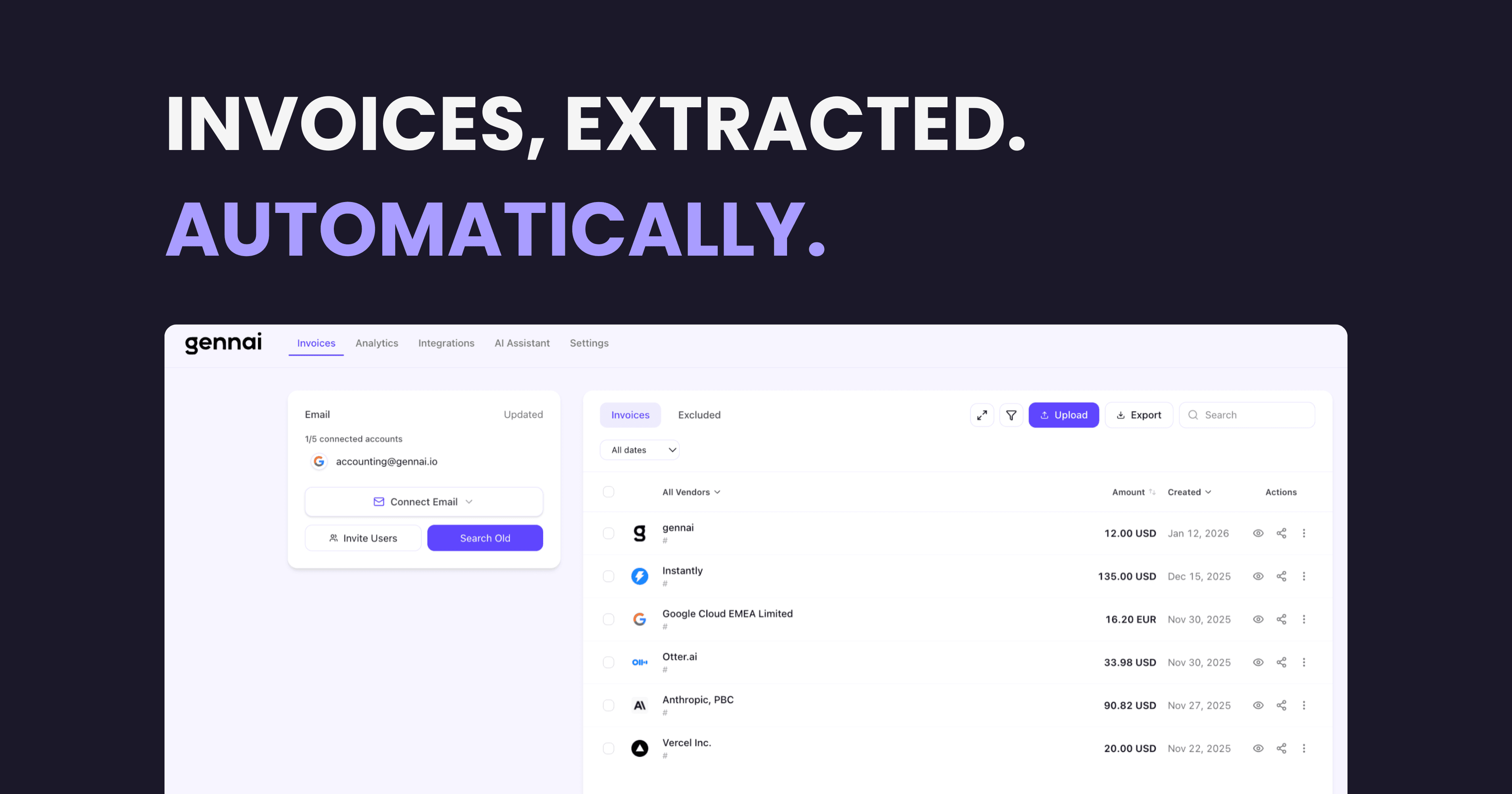 Gennai dashboard showing automatic email invoice extraction with AI-powered data capture from Gmail and Outlook